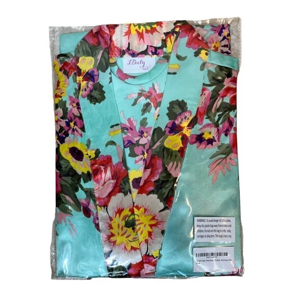 Kimono Robe Floral Satin Aqua Green with Pockets and Belt XS - Picture 3 of 5